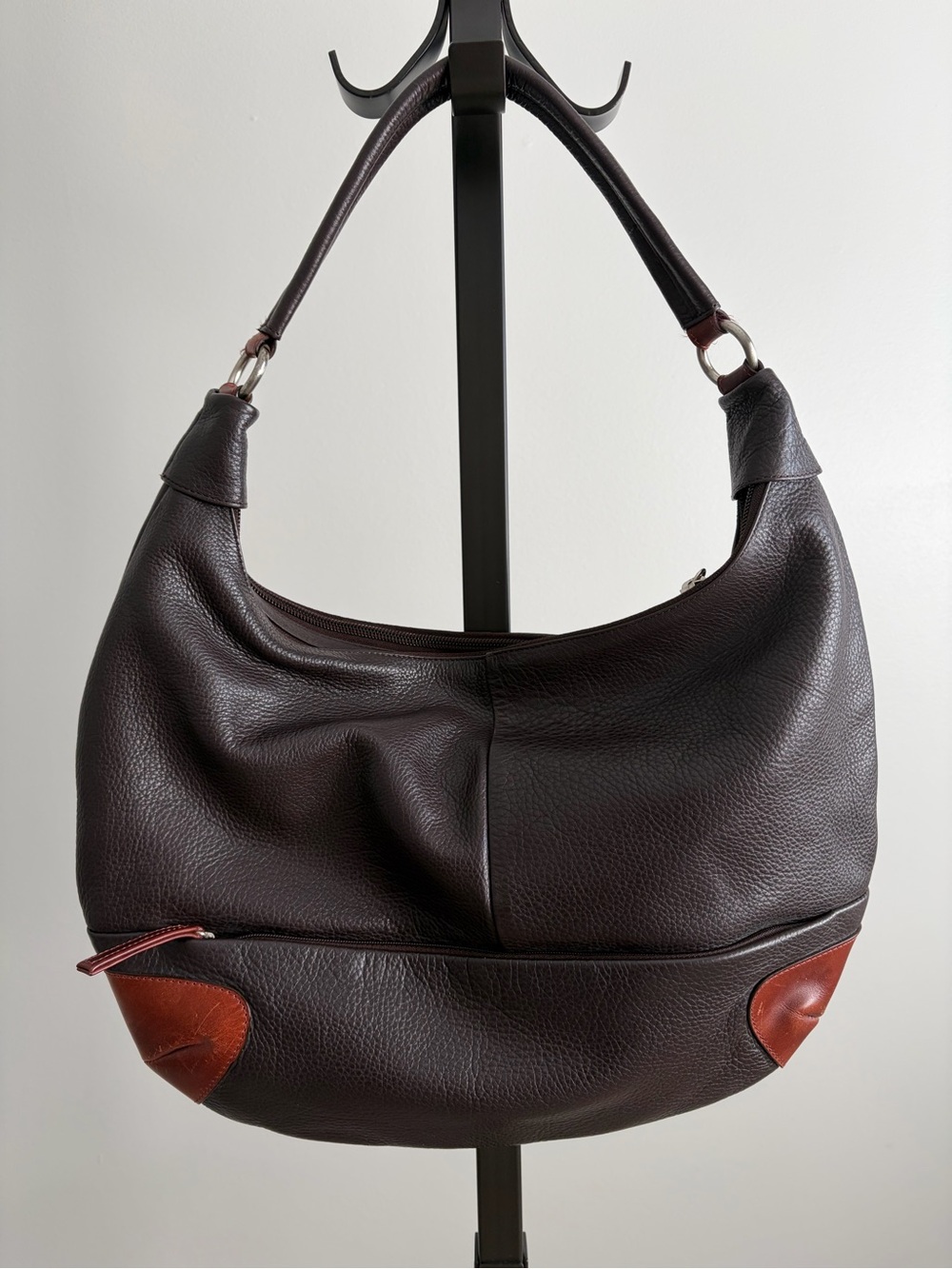 Derek Alexander Leather Hobo Shoulder Bag in Dark Brown with Chestnut Accents